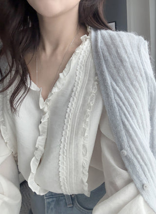 Lace Puff Sleeve V-Neck Blouse