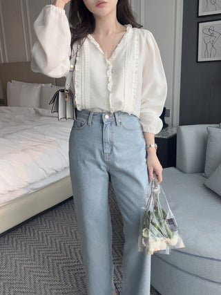 Lace Puff Sleeve V-Neck Blouse