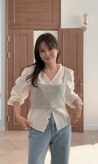 Lace Puff Sleeve V-Neck Blouse