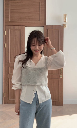 Lace Puff Sleeve V-Neck Blouse