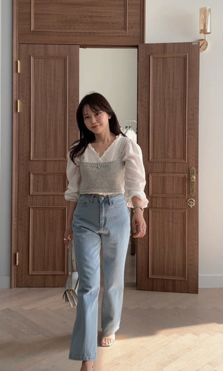 Lace Puff Sleeve V-Neck Blouse