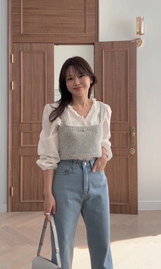 Lace Puff Sleeve V-Neck Blouse