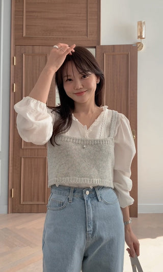 Lace Puff Sleeve V-Neck Blouse