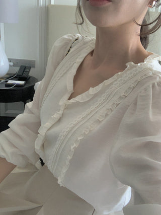 Lace Puff Sleeve V-Neck Blouse