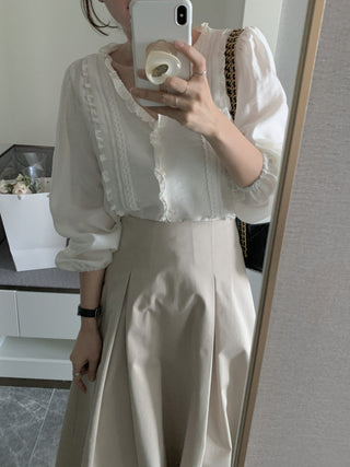 Lace Puff Sleeve V-Neck Blouse