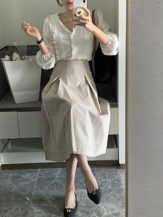 Lace Puff Sleeve V-Neck Blouse