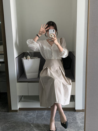 Lace Puff Sleeve V-Neck Blouse