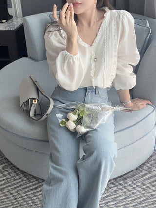 Lace Puff Sleeve V-Neck Blouse