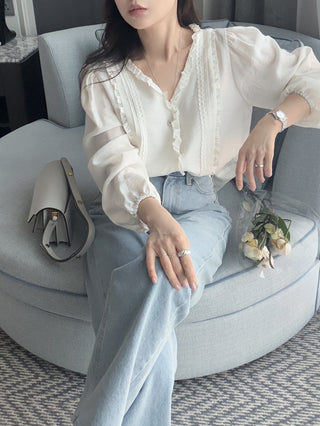 Lace Puff Sleeve V-Neck Blouse