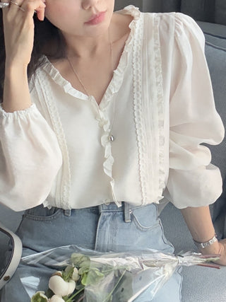 Lace Puff Sleeve V-Neck Blouse