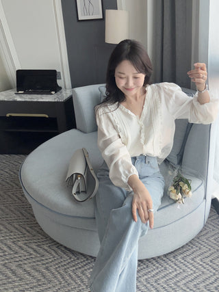 Lace Puff Sleeve V-Neck Blouse