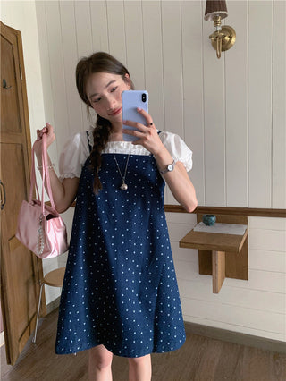 Sweet Print Denim Braces Dress