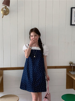 Sweet Print Denim Braces Dress