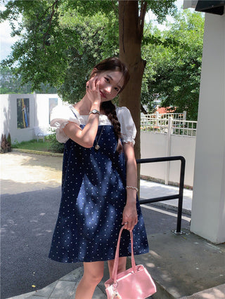 Sweet Print Denim Braces Dress