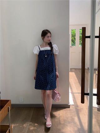 Sweet Print Denim Braces Dress
