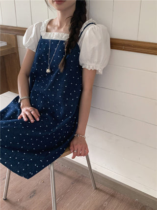 Sweet Print Denim Braces Dress