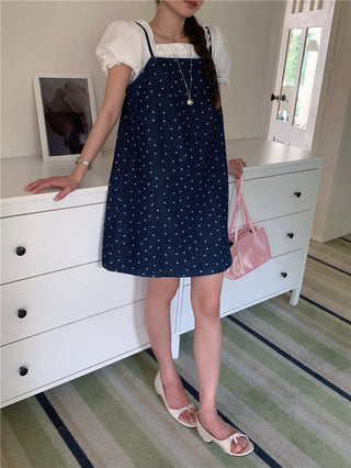 Sweet Print Denim Braces Dress