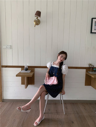 Sweet Print Denim Braces Dress