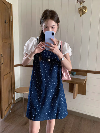 Sweet Print Denim Braces Dress