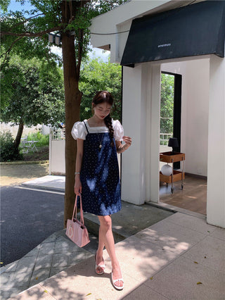 Sweet Print Denim Braces Dress