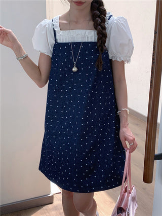 Sweet Print Denim Braces Dress