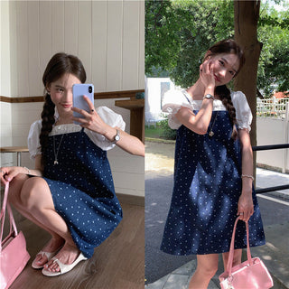 Sweet Print Denim Braces Dress