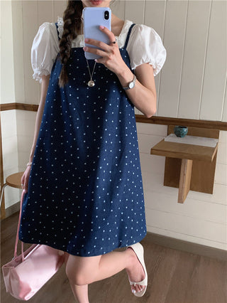 Sweet Print Denim Braces Dress