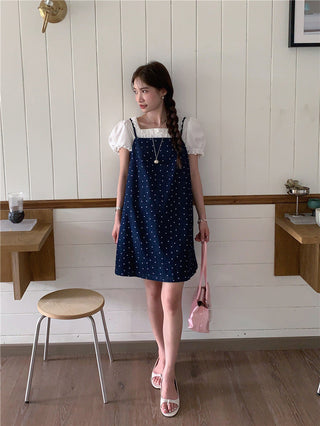 Sweet Print Denim Braces Dress