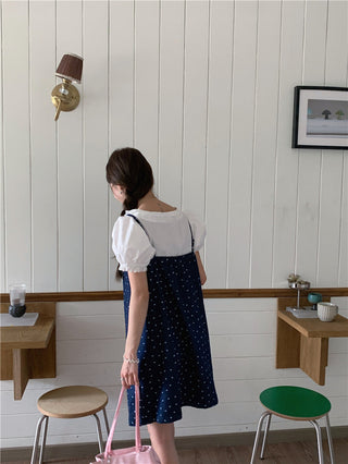 Sweet Print Denim Braces Dress