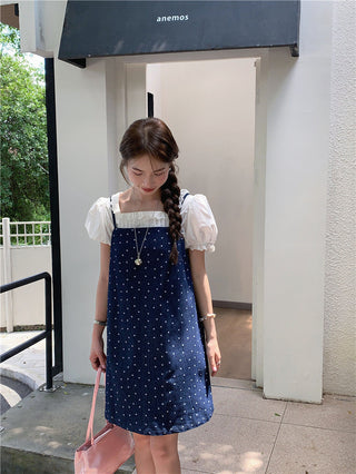 Sweet Print Denim Braces Dress