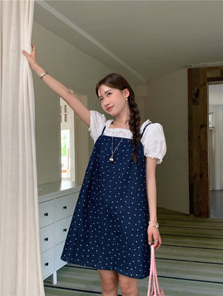 Sweet Print Denim Braces Dress