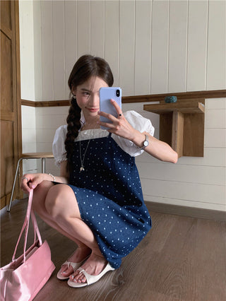 Sweet Print Denim Braces Dress