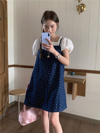 Sweet Print Denim Braces Dress