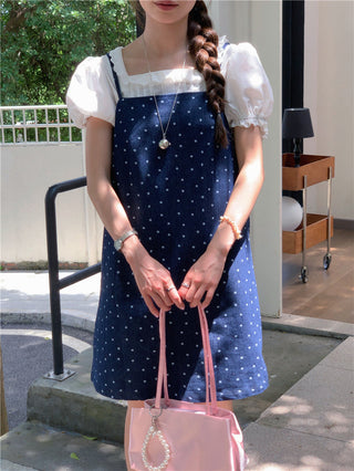 Sweet Print Denim Braces Dress