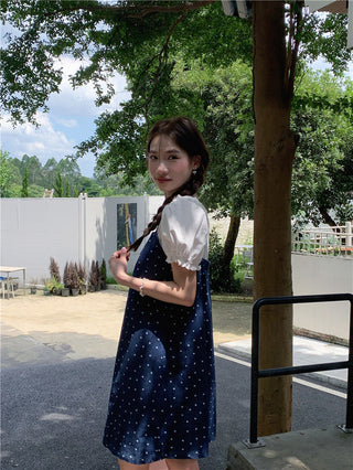 Sweet Print Denim Braces Dress