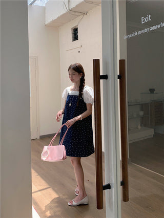 Sweet Print Denim Braces Dress