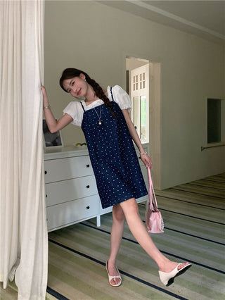 Sweet Print Denim Braces Dress