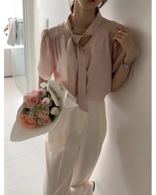 Ribbon Chiffon Puff Sleeve Shirt