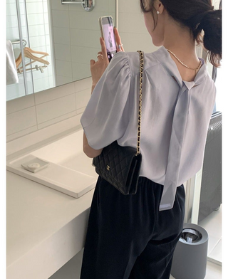 Ribbon Chiffon Puff Sleeve Shirt