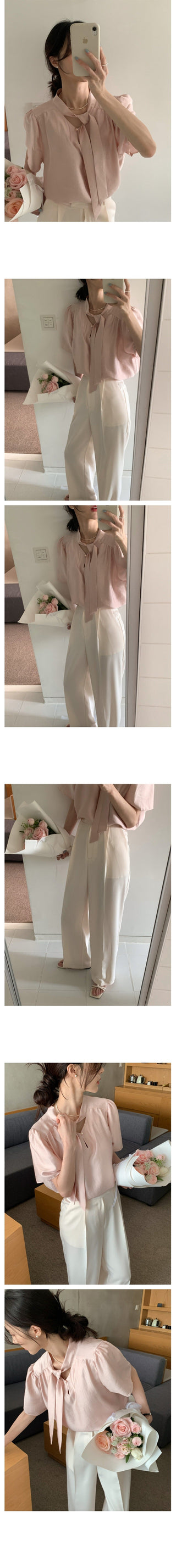Ribbon Chiffon Puff Sleeve Shirt
