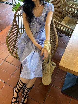 Lace Up Blue Plaid Dress