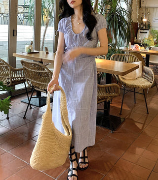 Lace Up Blue Plaid Dress