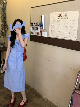 Lace Up Blue Plaid Dress