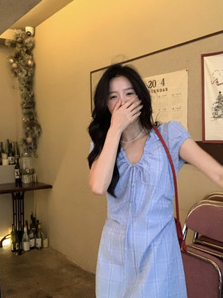 Lace Up Blue Plaid Dress