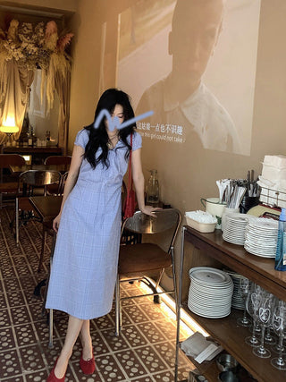 Lace Up Blue Plaid Dress