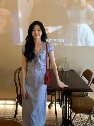 Lace Up Blue Plaid Dress