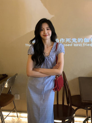 Lace Up Blue Plaid Dress