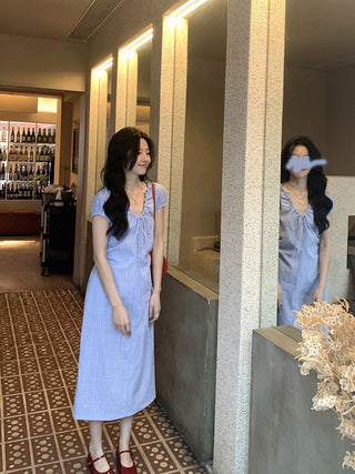 Lace Up Blue Plaid Dress