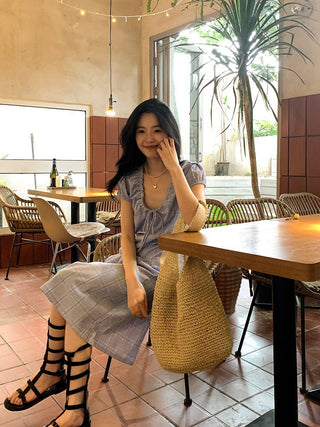 Lace Up Blue Plaid Dress