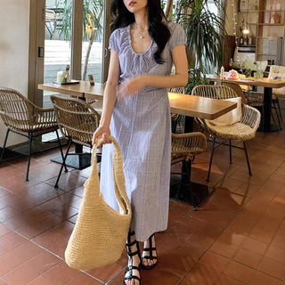 Lace Up Blue Plaid Dress